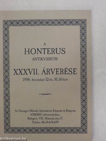 A Honterus Antikvárium XXXVII. árverése