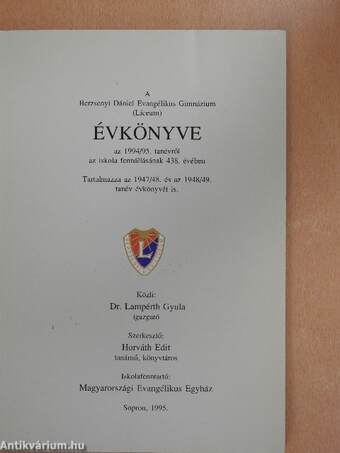 A Berzsenyi Dániel Evangélikus Gimnázium (Líceum) évkönyve az 1994/95. tanévről