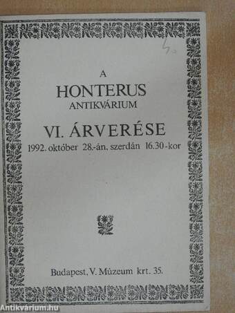 A Honterus Antikvárium VI. árverése
