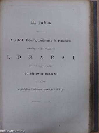 Hétjegyű közönséges logarai az 1-től 108000-ig terjedő számoknak valamint 10-től 10 M. perczre, minden körnegyedi szög keble-, pótkeble-, érintője-, és pótérintőjének/Közbeigtatási tábla az aránylagos részek kiszámítására I-III.