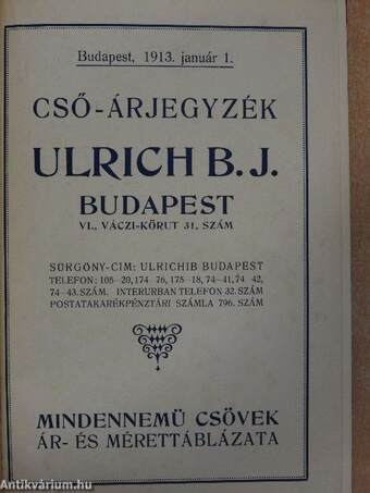 Ulrich B. J. cső-árjegyzék Budapest, 1913. január 1.