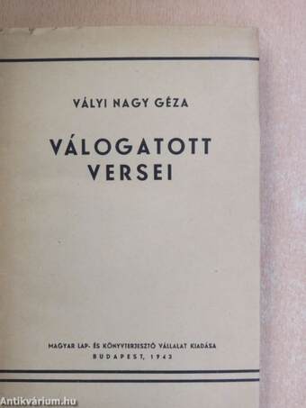 Vályi Nagy Géza válogatott versei 1917-1943