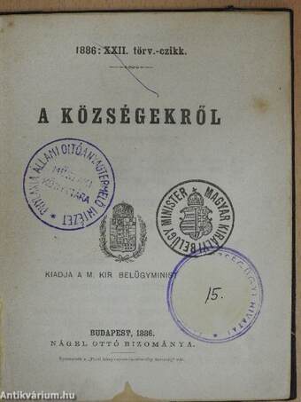1886: XXII. törv.-czikk a községekről