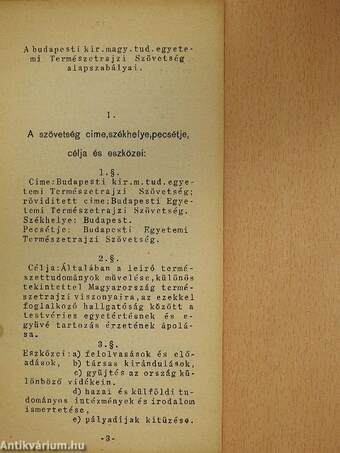 A Budapesti Kir. Magy. Tud. Egyetemi Természetrajzi Szövetség alapszabályai