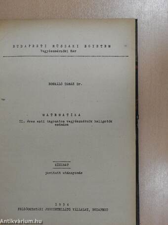 Matematika II./A műhelyek gazdasági és műszaki vezetése