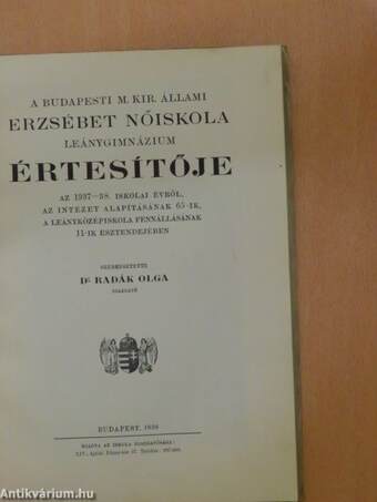 A Budapesti M. Kir. Állami Erzsébet Nőiskola értesítője