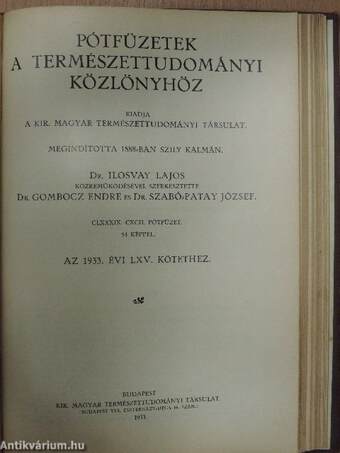 Természettudományi Közlöny 1933. január-december/Pótfüzetek a Természettudományi Közlönyhöz 1933. január-december