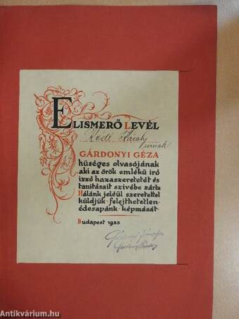 Gárdonyi Géza 1863-1922 - Elismerő levél