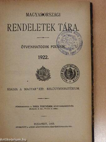 Magyarországi Rendeletek Tára 1922. I-XII.