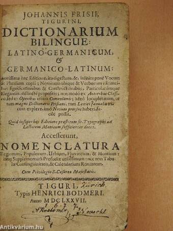 Dictionarium bilingue: Latino-Germanicum, & Germanico-Latinum I-II.