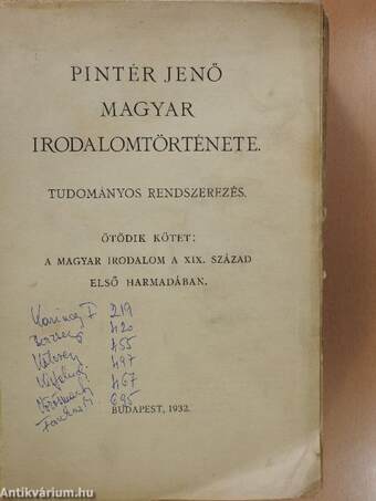 Pintér Jenő magyar irodalomtörténete V. (töredék)(rossz állapotú)