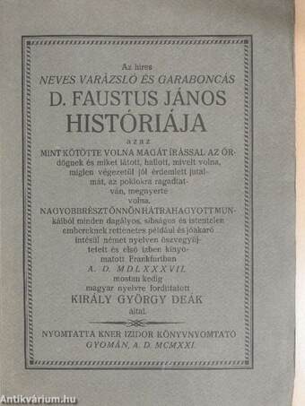 Az híres neves varázsló és garaboncás D. Faustus János históriája