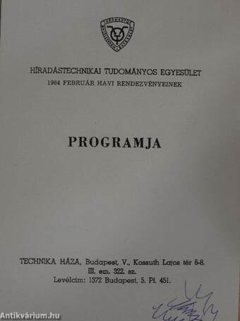 Híradástechnikai Tudományos Egyesület 1984 február havi rendezvényeinek programja