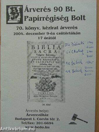 Árverés 90 Bt. Papírrégiség Bolt 70. könyv, kézirat árverés