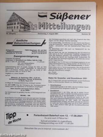 Süßener Mitteilungen Donnerstag, 9. August 2001