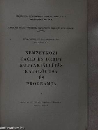 Nemzetközi CACIB és Derby Kutyakiállítás katalógusa és programja 1977. szeptember 4.