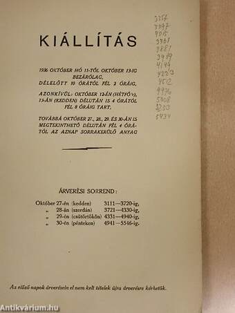 Melléklet a M. Kir. Postatakarékpénztár Árverési Csarnoka 1936. évi LXXIX. aukciójának katalógusához