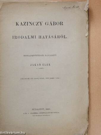 Kazinczy Gábor irodalmi hatásáról (Mandl Bernát könyvtárából) (rossz állapotú)