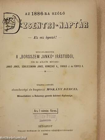 Az 1886-ra szóló Dzsentri-naptár (rossz állapotú)