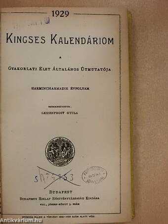 Kincses Kalendáriom 1929