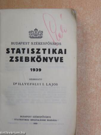 Budapest Székesfőváros Statisztikai Zsebkönyve 1939