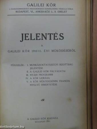 Szabadgondolat 1911./Jelentés a Galilei kör 1910/11. évi működéséről