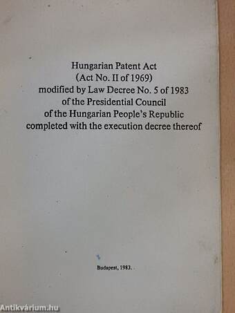 Hungarian Patent Act (Act No. II of 1969) 