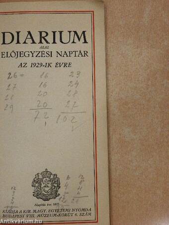 Diarium azaz előjegyzési naptár az 1929-ik évre