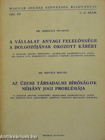 A vállalat anyagi felelőssége a dolgozójának okozott kárért/Az üzemi társadalmi bíróságok néhány jogi problémája