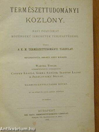 Természettudományi Közlöny 1906. január-december/Pótfüzetek a Természettudományi Közlönyhöz 1906. január-december