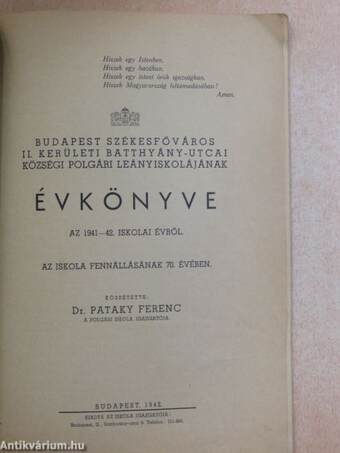 Budapest székesfőváros II. kerületi Batthyány-utcai Községi Polgári Leányiskolájának évkönyve az 1941-42. iskolai évről