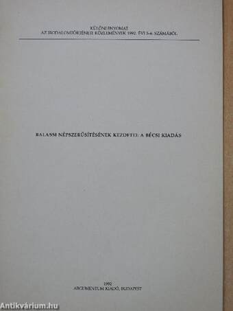 Balassi népszerűsítésének kezdetei: a bécsi kiadás (dedikált példány)