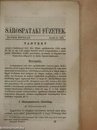 Sárospataki Füzetek 1862. április 10.