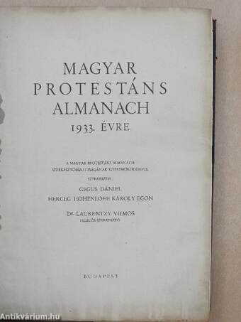 Magyar Protestáns Almanach 1933. évre (rossz állapotú)