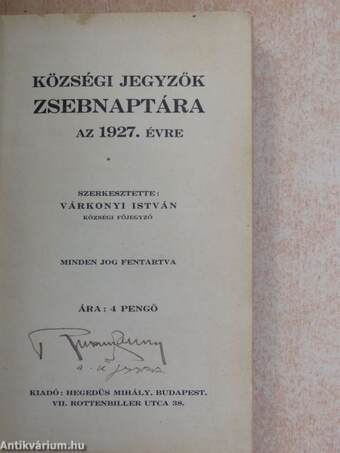 Községi jegyzők zsebnaptára az 1927. évre