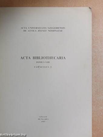 Acta Bibliothecaria Tomus VIII. Fasciculus 2.