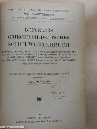 Benselers Griechisch-Deutsches Schulwörterbuch