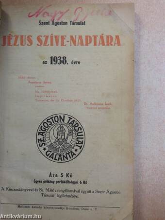 Szent Ágoston Társulat Jézus szíve-naptára az 1938. évre