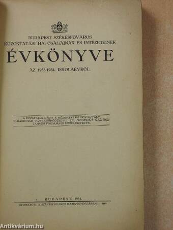 Budapest székesfőváros közoktatási hatóságainak és intézeteinek évkönyve az 1933/1934. iskolaévről