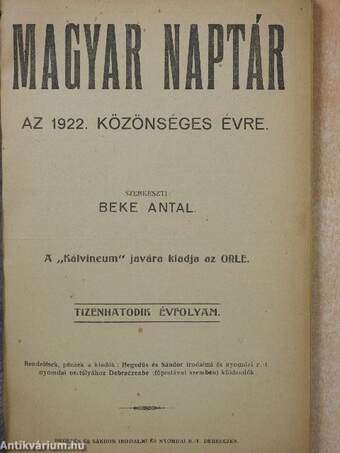 Magyar Naptár az 1922. közönséges évre