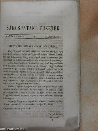 Sárospataki Füzetek 1858. május 15.