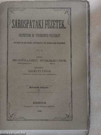 Sárospataki Füzetek 1858. október 9.