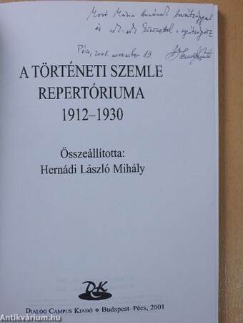 A Történeti Szemle repertóriuma 1912-1930 (dedikált példány)