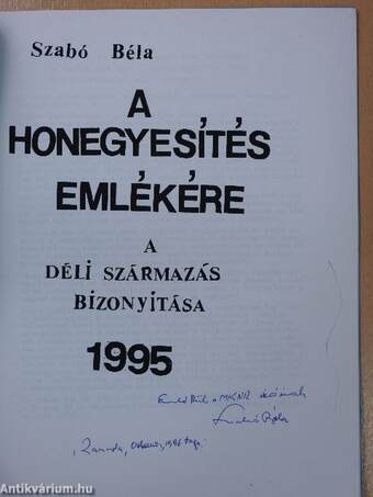 A honegyesítés emlékére (dedikált példány)