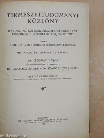 Természettudományi Közlöny 1928. január-december