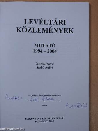 Levéltári Közlemények - Mutató 1994-2004 (dedikált példány)