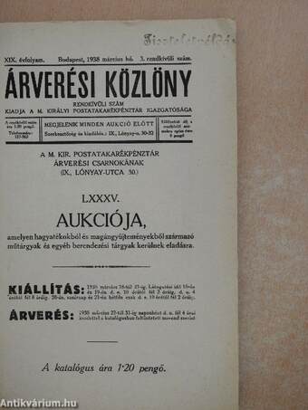 Árverési Közlöny 1938. március hó 3. rendkívüli szám