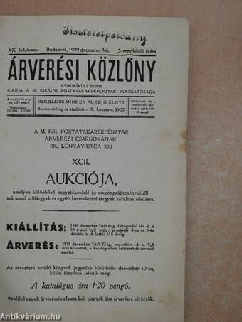 Árverési Közlöny 1939. december hó 5. rendkívüli szám