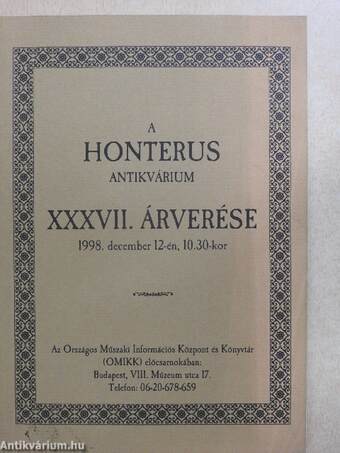 A Honterus Antikvárium XXXVII. árverése