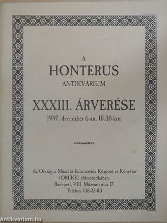 A Honterus Antikvárium XXXIII. árverése